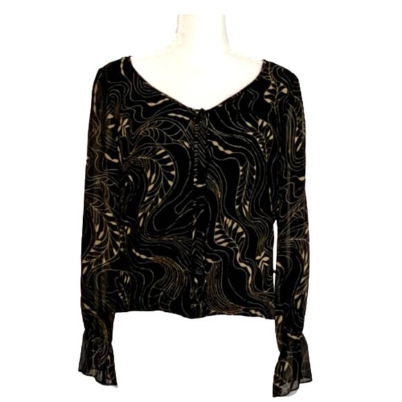Maggie London Top Blouse Silk Black Tan V-Neck Long Sleeve Dressy Top Size 8 - Picture 1 of 12